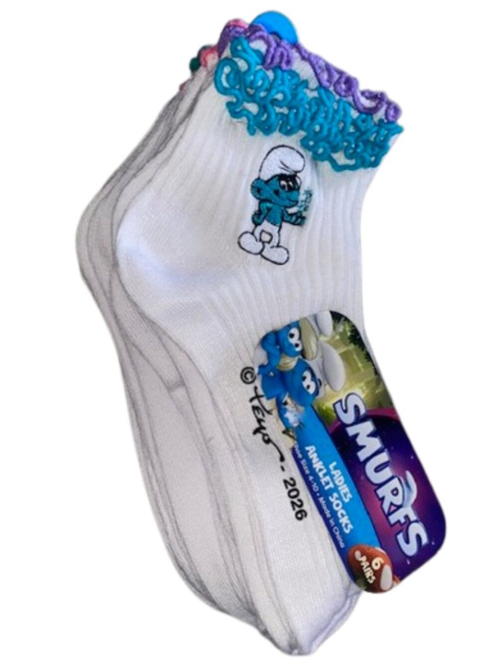 Smurfs 6 Pair Women's Ruffle Anklet Socks 2 Pair Have Embroidered Smurf Applique